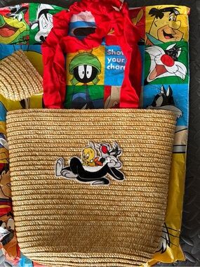Straw Tote Bag with Tweety & Sylvester Patch - Red Trim